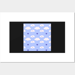 Light blue pattern with clouds, hearts Posters and Art
